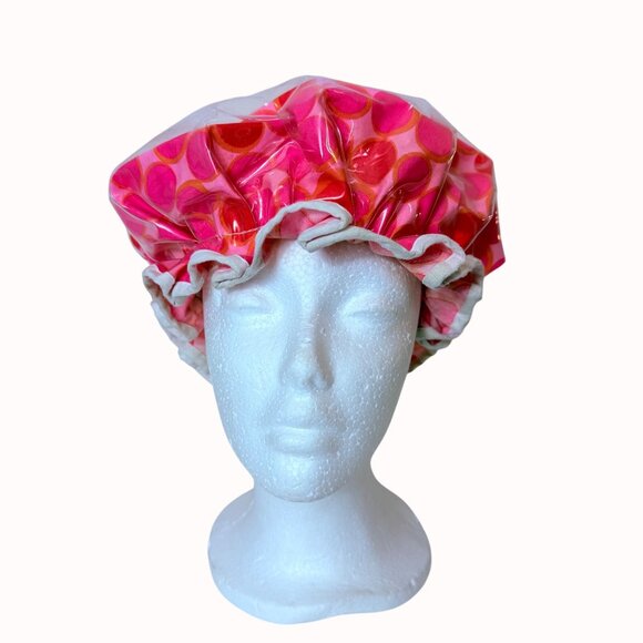 Vinyl Shower Cap Pink Polka Dot Retro 1960s VTG Pin Up Bathroom Hair Mod Glam - Picture 5 of 12